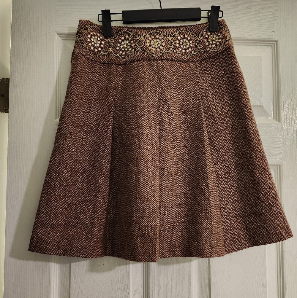 Ann Taylor Loft Brown Herringbone Pleated Sequin Wool Blend Skirt Size 0P